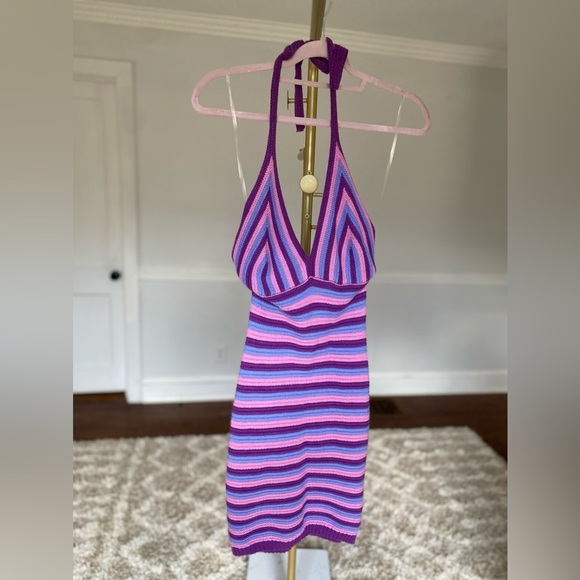 Y2K Halter Crochet Knit Dress Bold Fairy Grunge Vibrant Festival Boho Striped - Picture 2 of 10